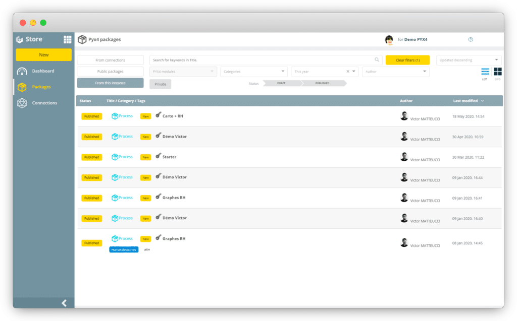 Capture d'écran du logiciel Pyx4 et du module Store, vue des Packages